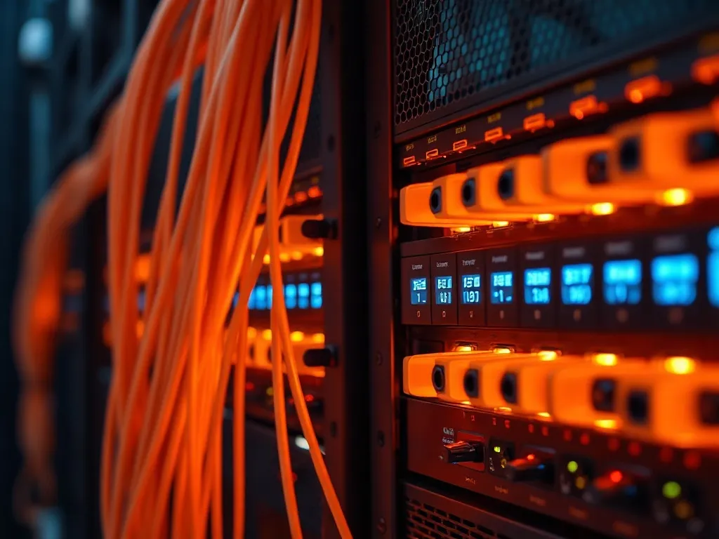 Close-up of a high-tech server rack with glowing orange fibe