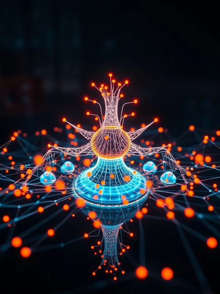 A highly detailed technical 3D visualization of neural netwo